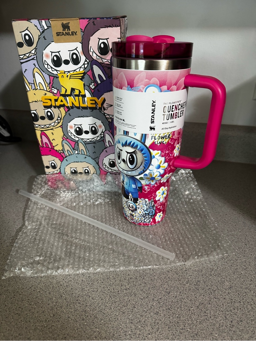 Stanley Pink Floral Quencher Tumbler with Bright Pink Handle